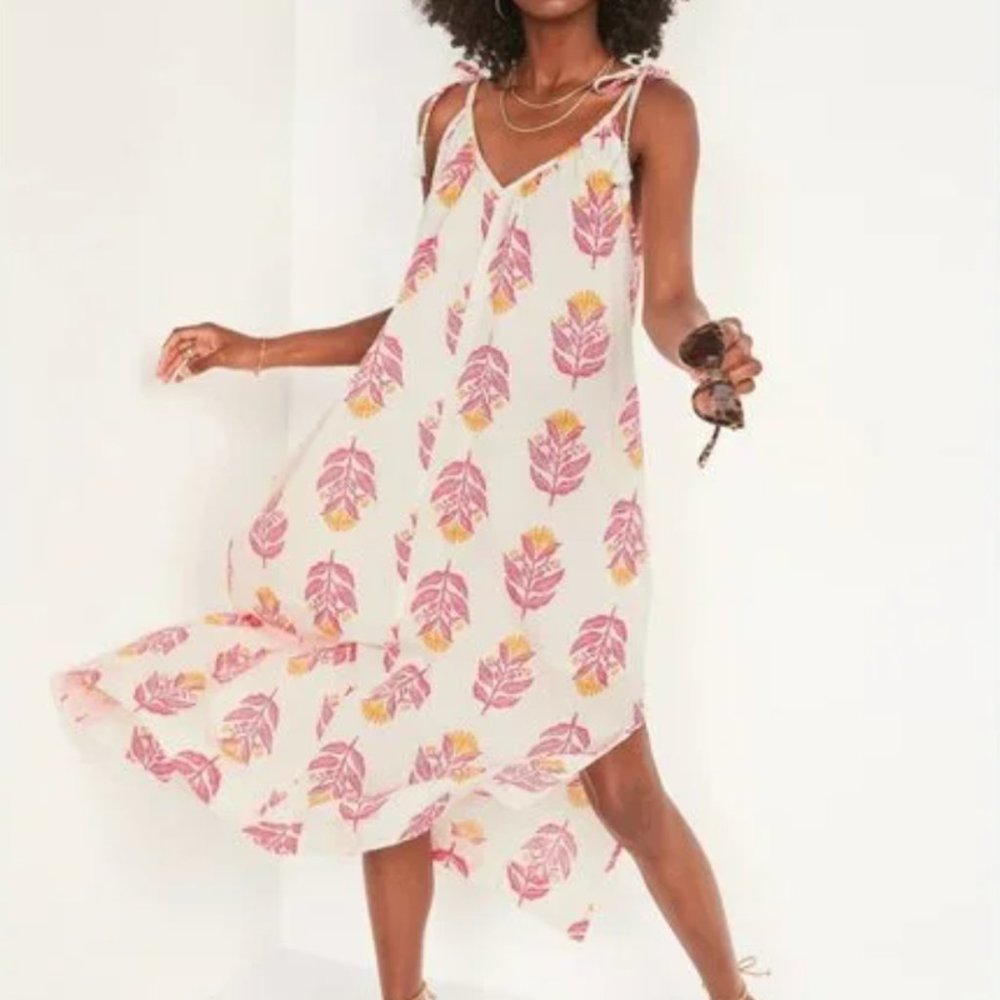 Sleeveless Tie Shoulder All Day Maxi Swing Dress Coral Beach Coverup - M